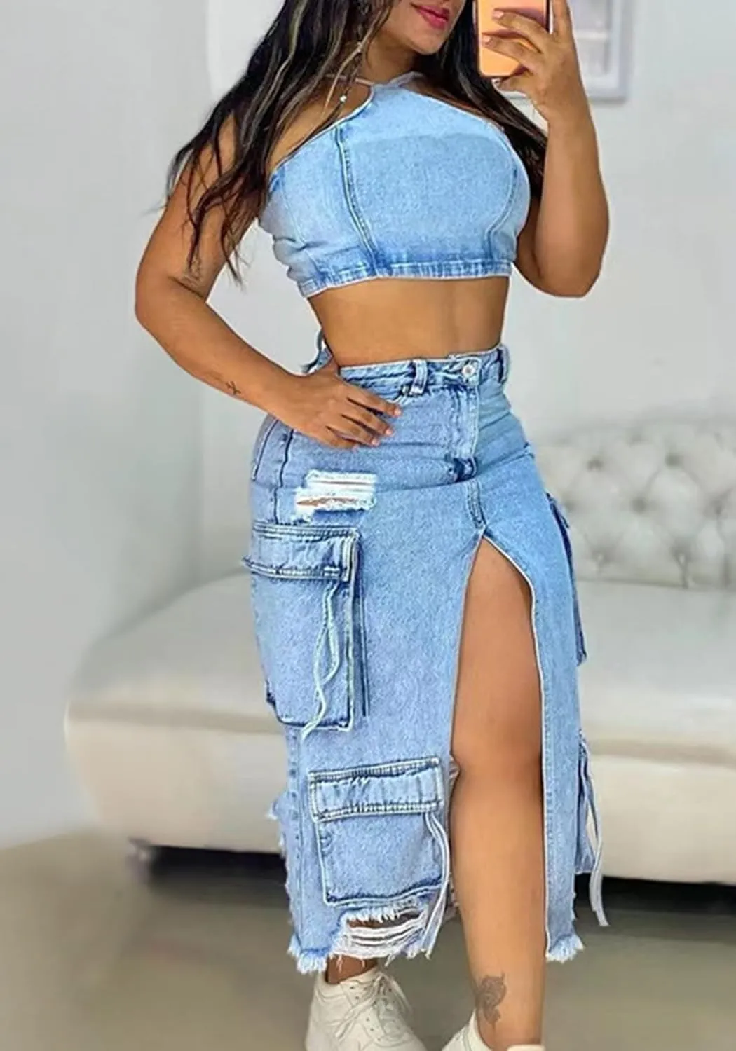 Molisry Women's Denim Cargo Skirt Slit Front High Waisted Cowgirl Casual Y2K A-Line Frayed Midi Jean Skirt with Pockets
