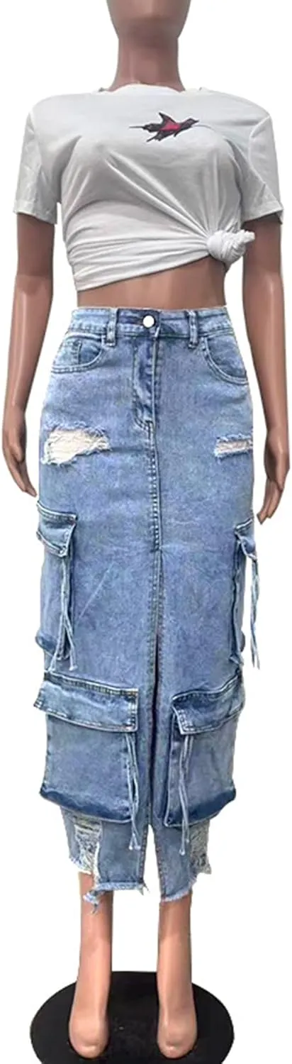 Molisry Women's Denim Cargo Skirt Slit Front High Waisted Cowgirl Casual Y2K A-Line Frayed Midi Jean Skirt with Pockets