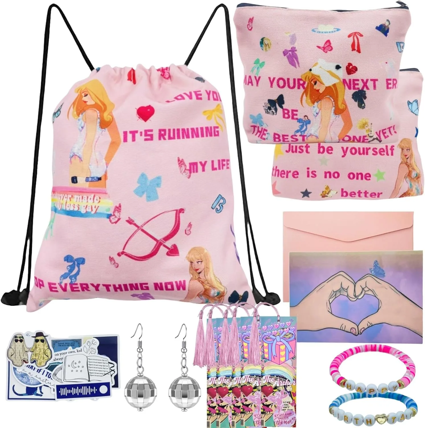 Music Fans Merch Set, Birthday Gifts Set Stuff Including Makeup Bag, Backpack, Birthday Card, 30 Stickers, 5 Bookmarks, Disco Ball Earrings,2 Bracelets, Valentine Gifts