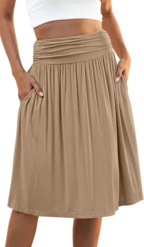 Naggoo Womens Summer Elastic High Waisted Midi Skirts Flowy Aline Knee Length Skirt with Pockets S-XXXL