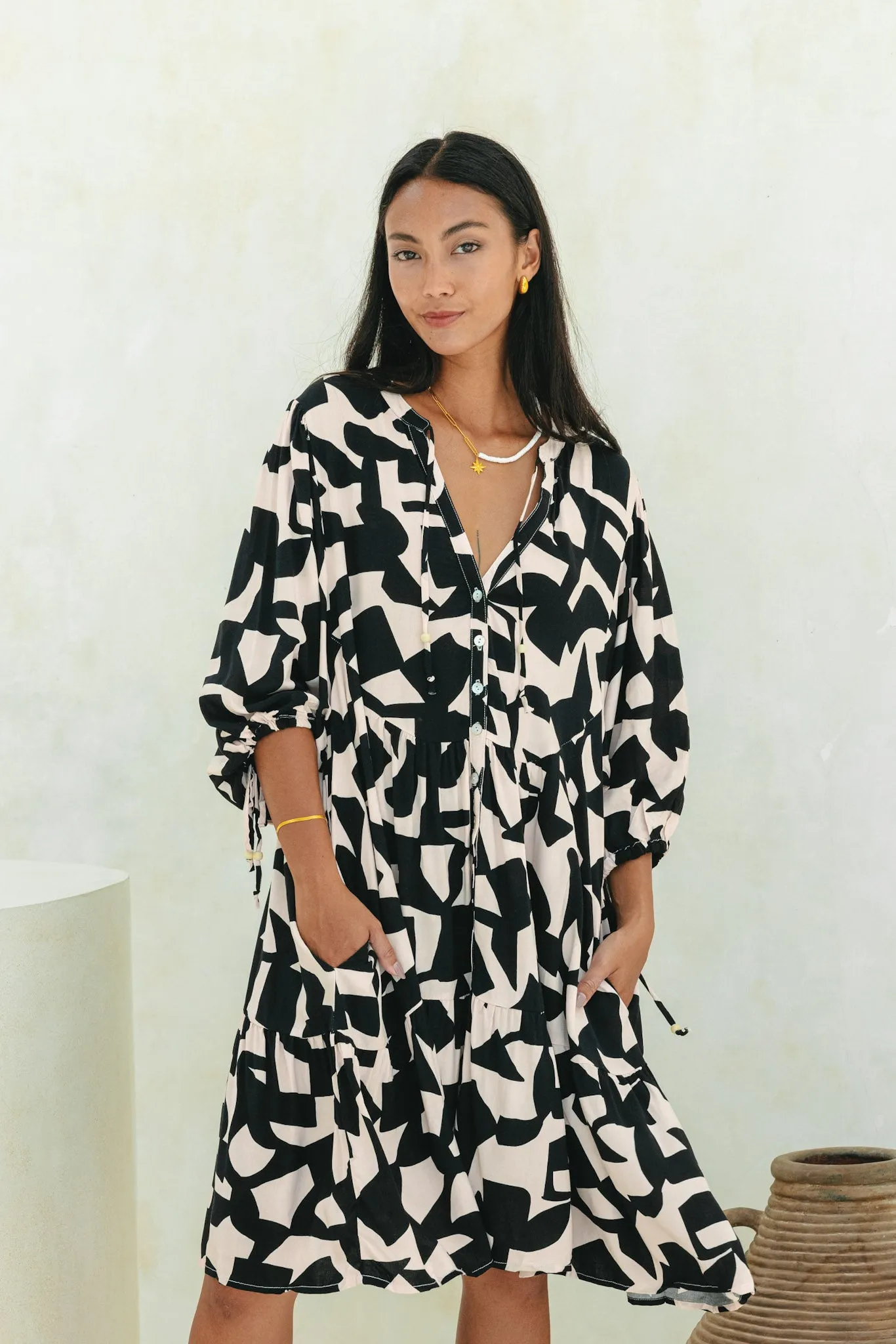Nyx Black Abstract Geo Button Down Mini Dress