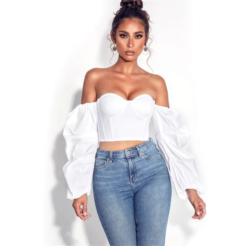 Off Shoulder Long Puff Sleeve Elegant Autumn Blouse