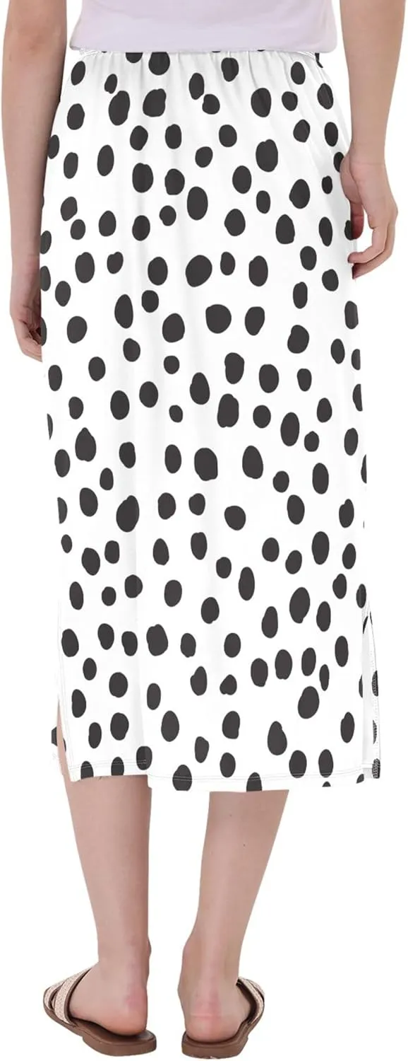 Orange Polka Dots Midi Skirt Slit Womens Cute Pencil Skirt High Waist Stretch A Line Skirt S