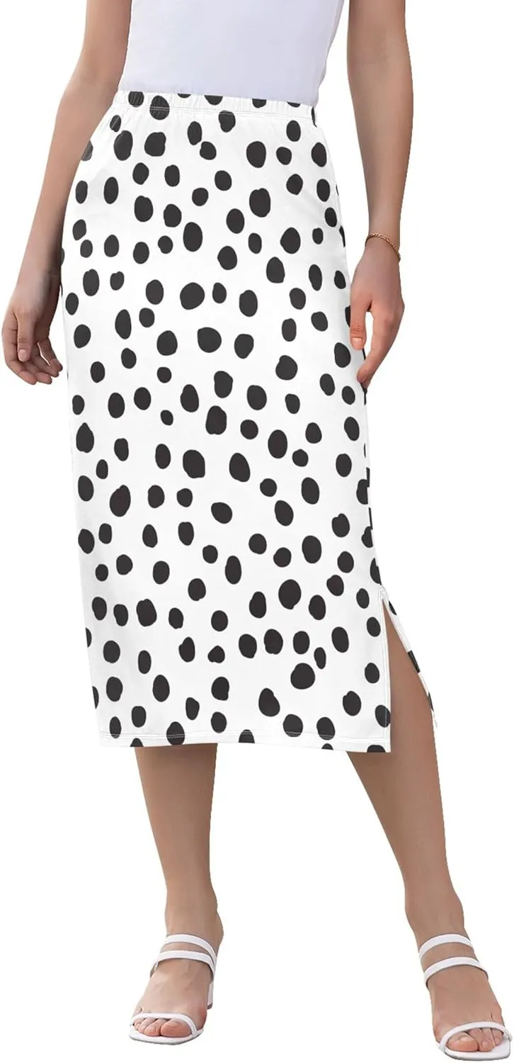 Orange Polka Dots Midi Skirt Slit Womens Cute Pencil Skirt High Waist Stretch A Line Skirt S
