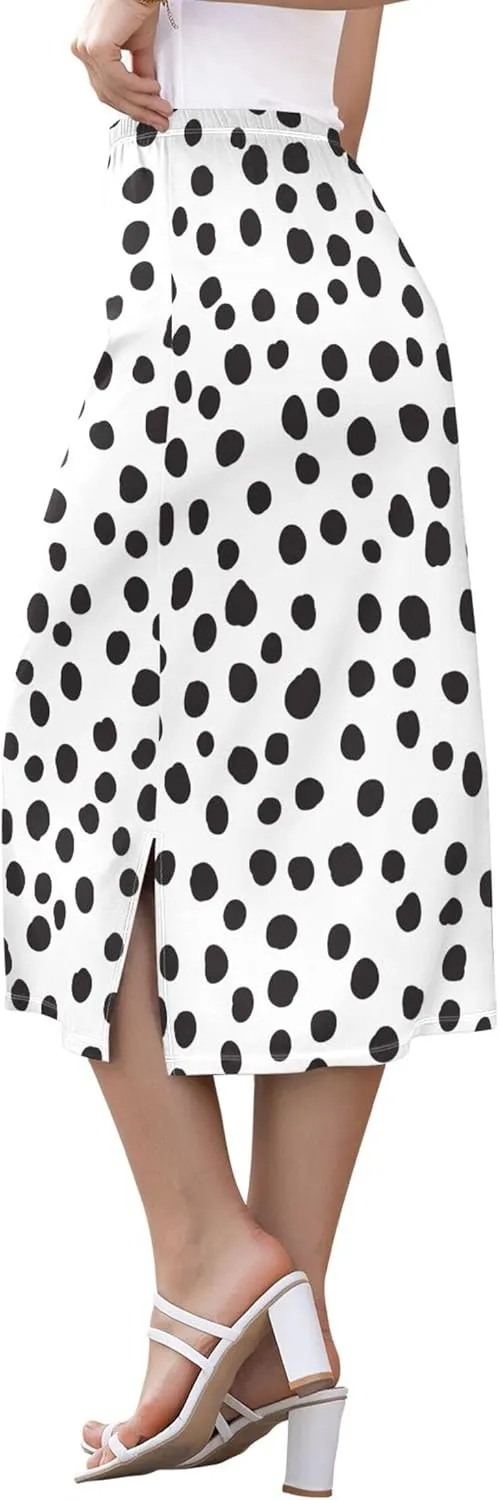 Orange Polka Dots Midi Skirt Slit Womens Cute Pencil Skirt High Waist Stretch A Line Skirt S