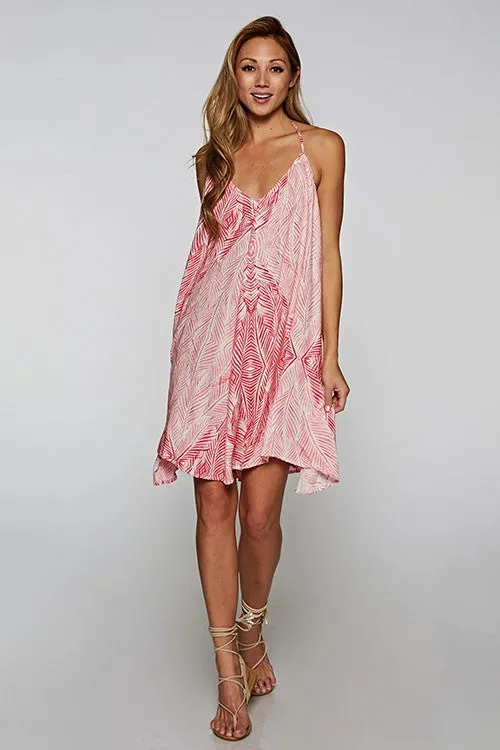 Palm Leaf Print Halter Plunge Summer Beach Dress
