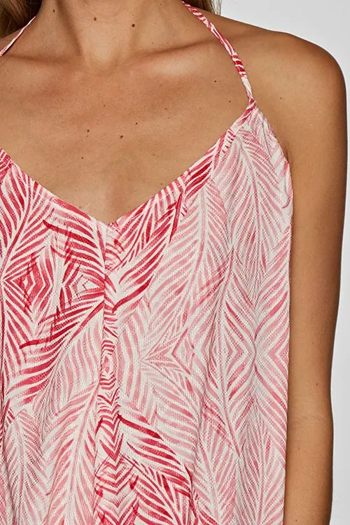 Palm Leaf Print Halter Plunge Summer Beach Dress