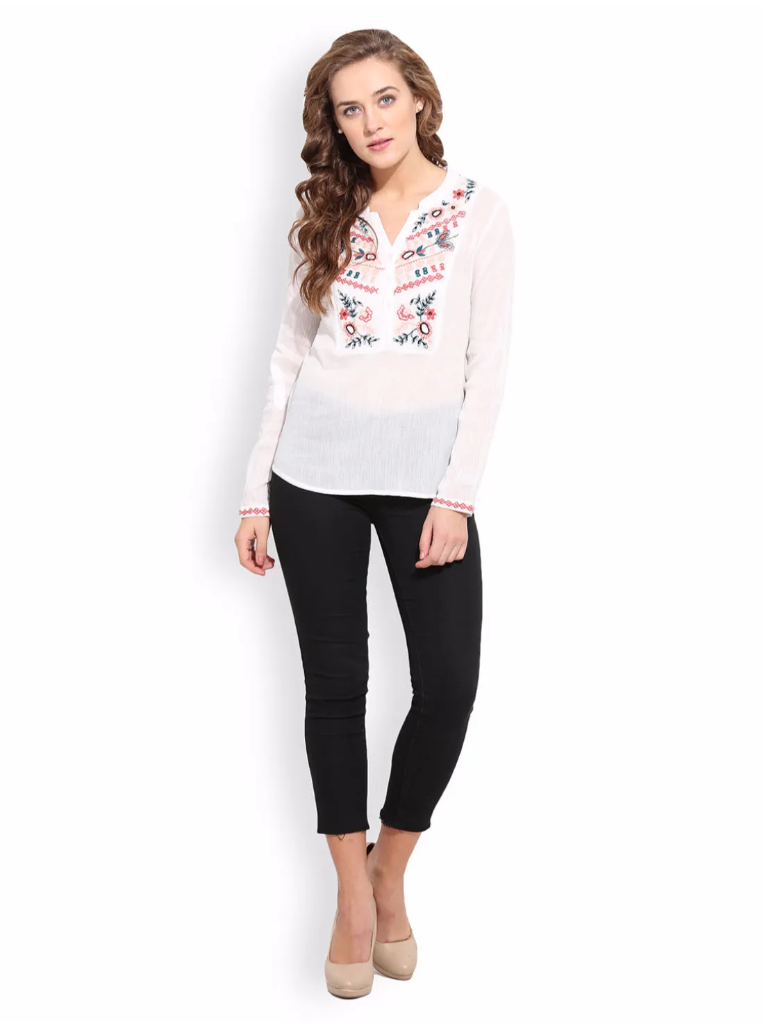 PORSORTE Women's Thread Embroidery White Shirt