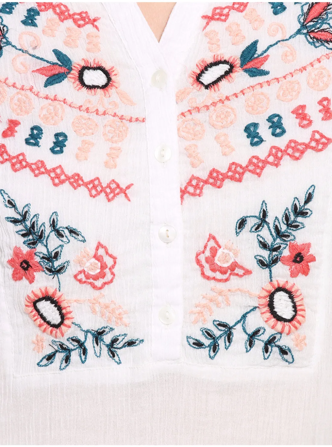 PORSORTE Women's Thread Embroidery White Shirt