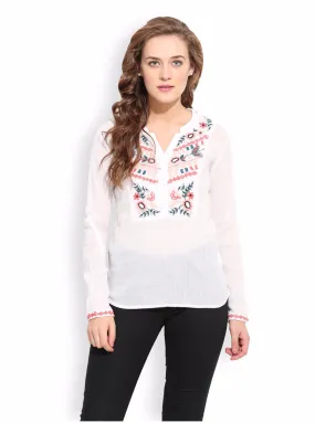 PORSORTE Women's Thread Embroidery White Shirt
