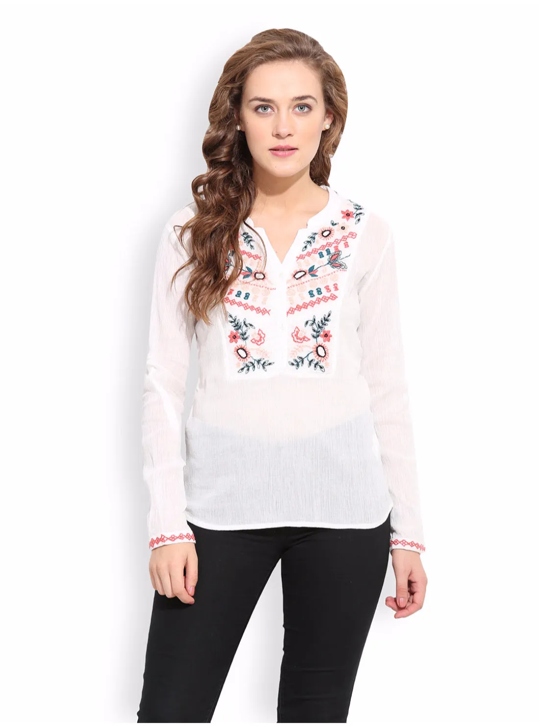 PORSORTE Women's Thread Embroidery White Shirt