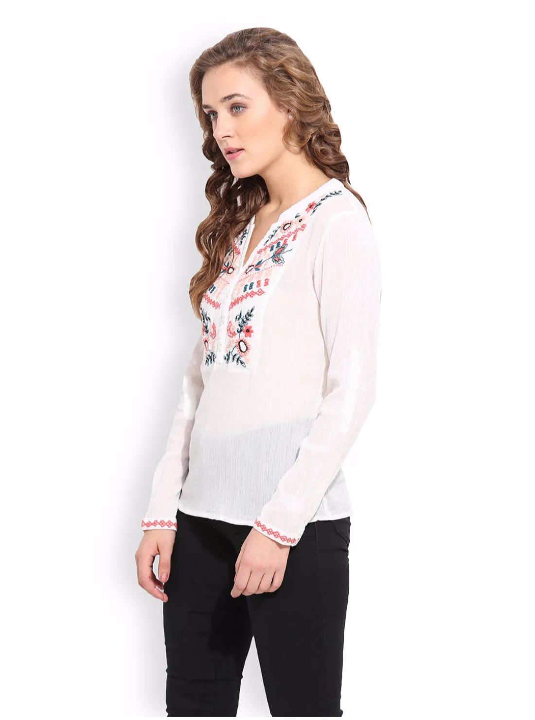PORSORTE Women's Thread Embroidery White Shirt