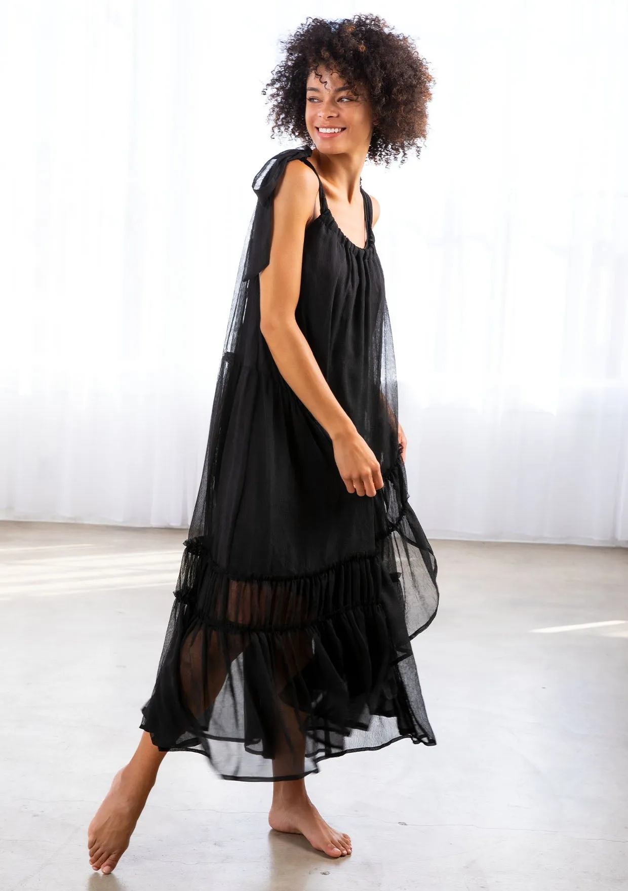 Sheer Black Tiered Sleeveless Midi Dress