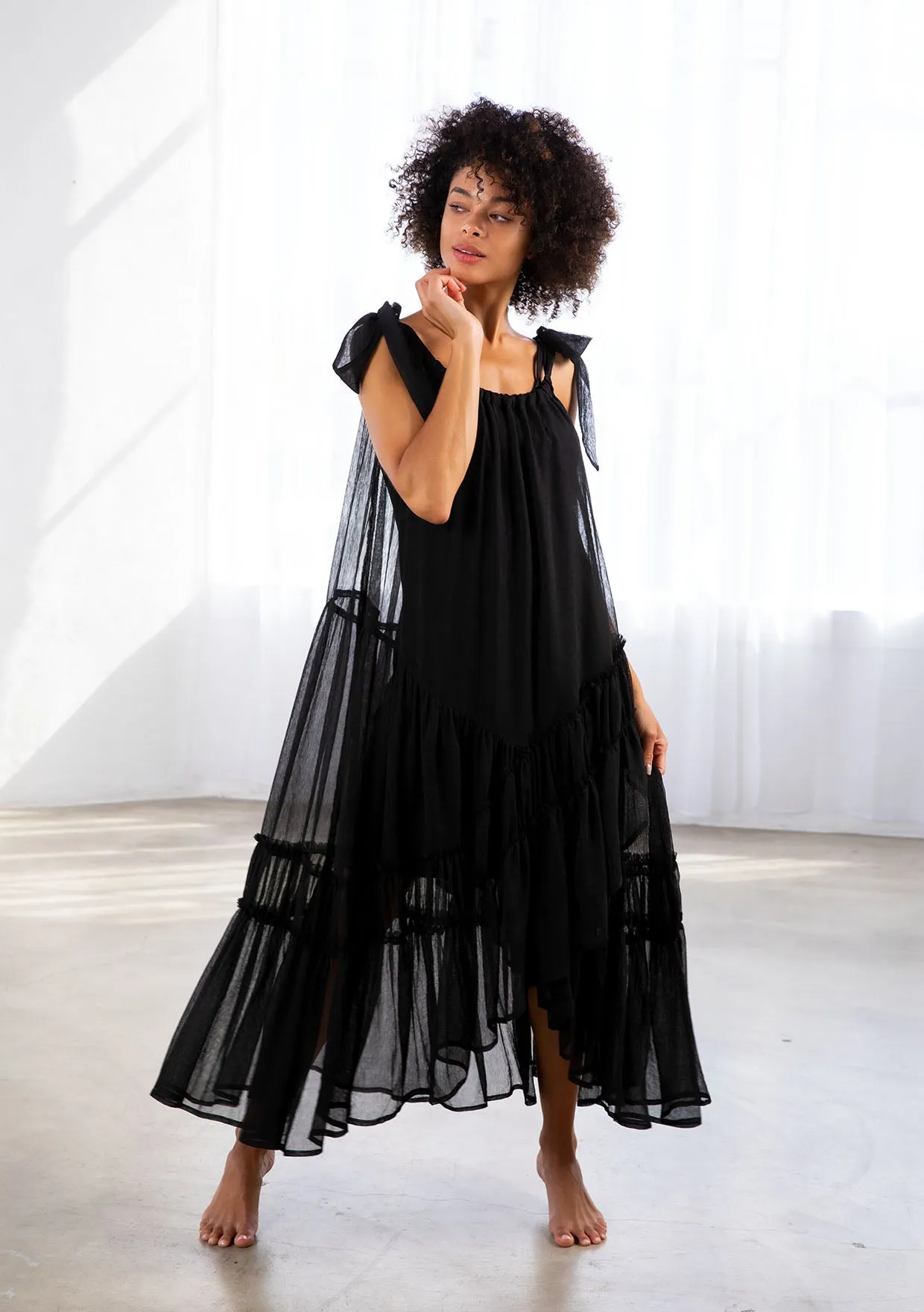 Sheer Black Tiered Sleeveless Midi Dress