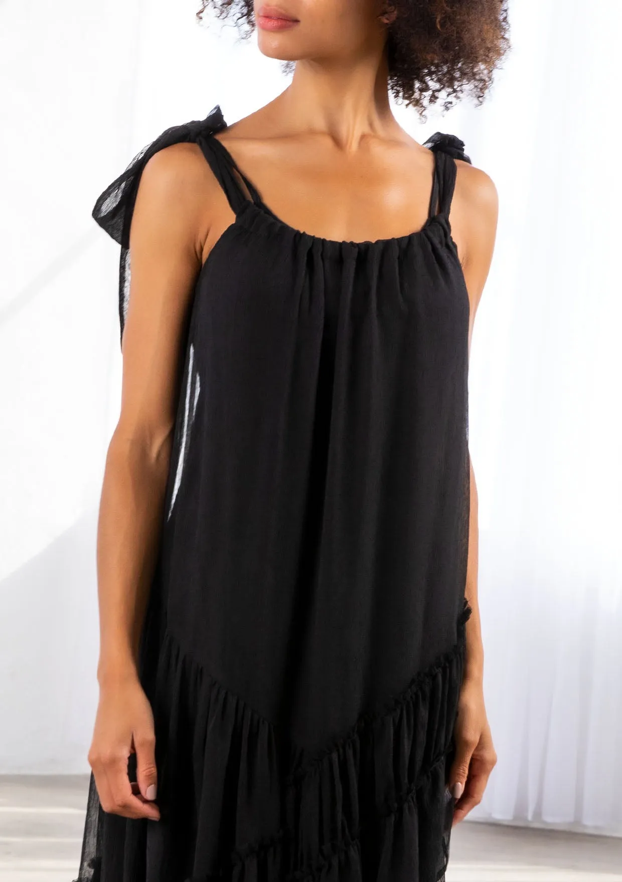 Sheer Black Tiered Sleeveless Midi Dress