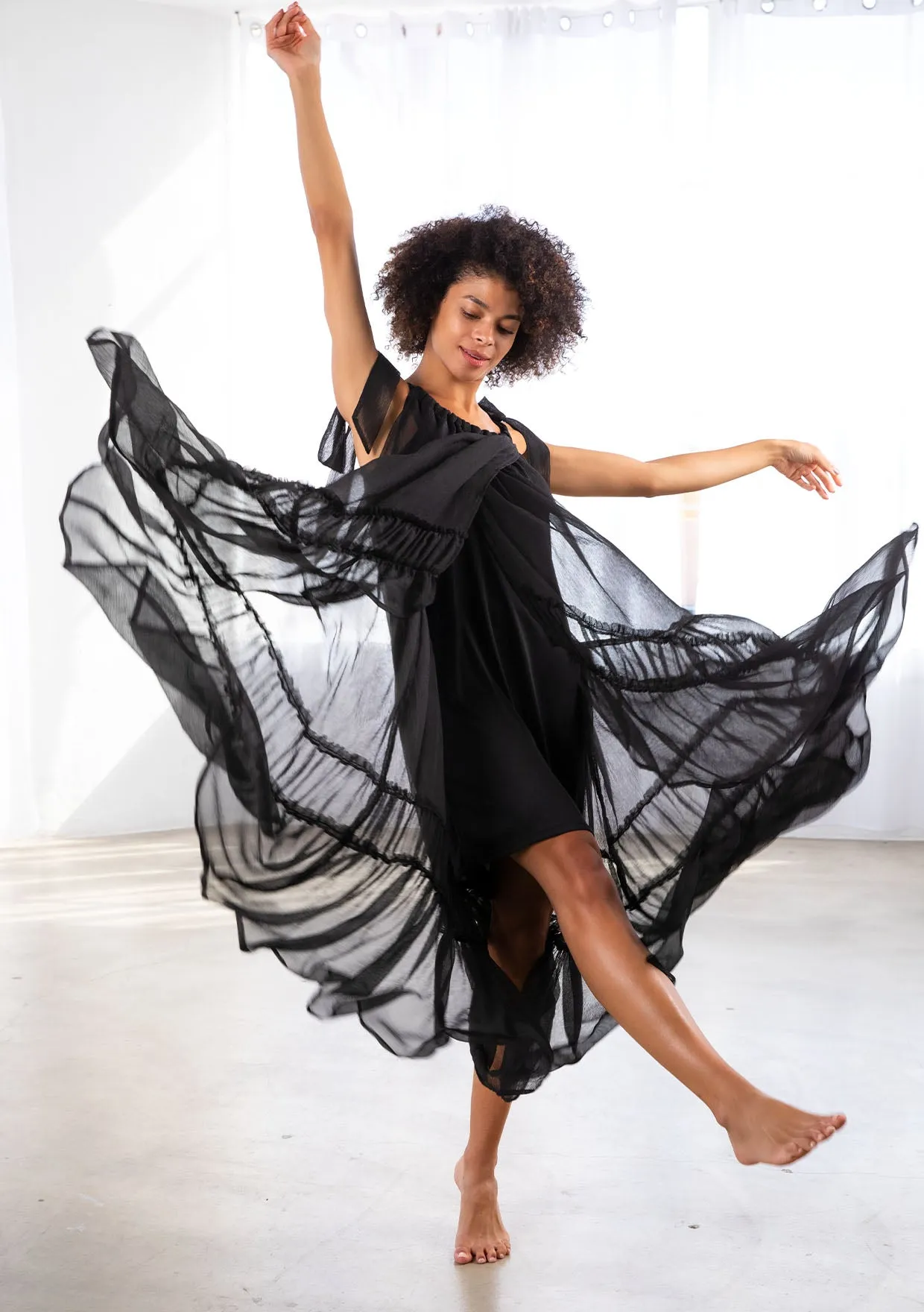 Sheer Black Tiered Sleeveless Midi Dress