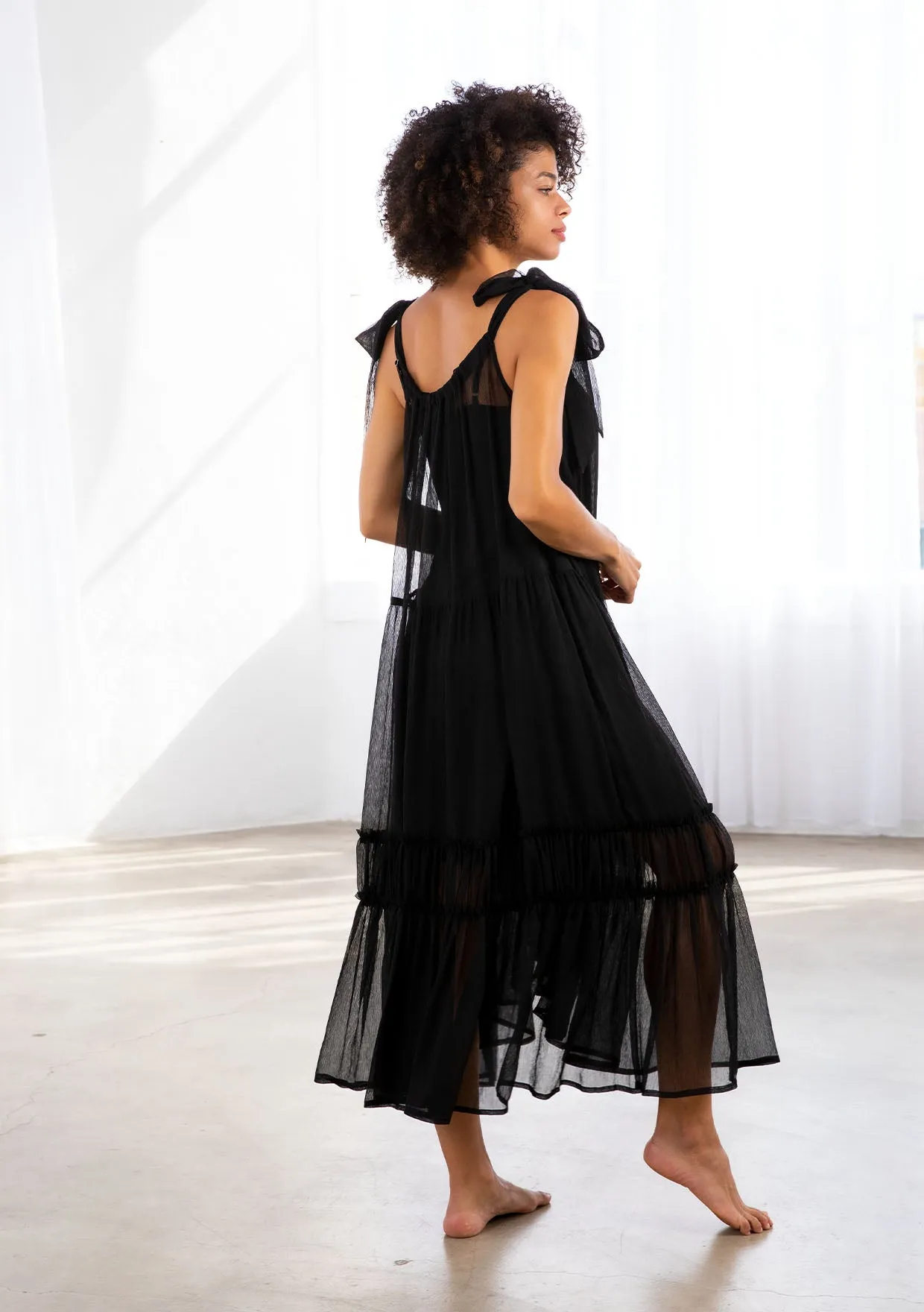 Sheer Black Tiered Sleeveless Midi Dress