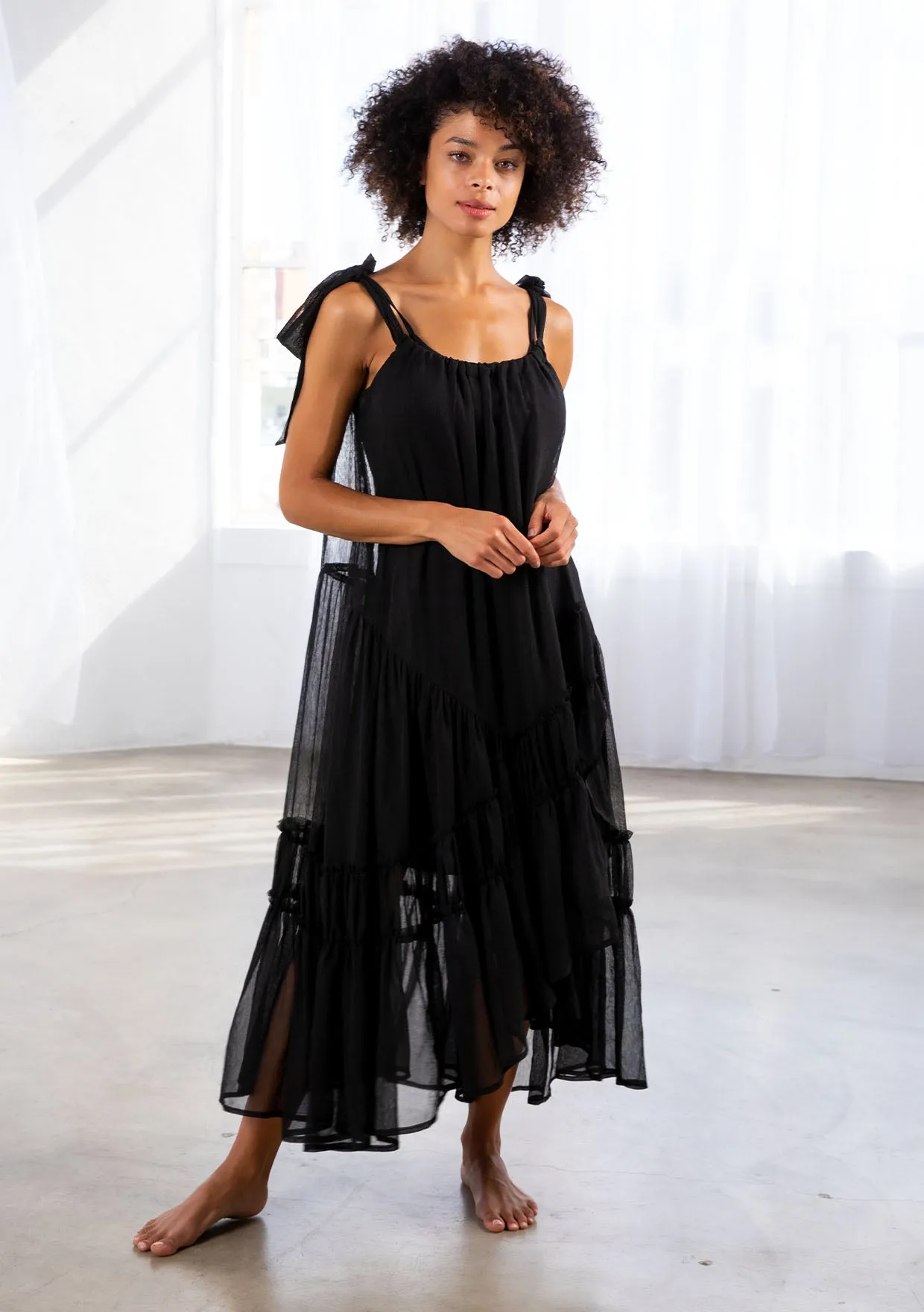 Sheer Black Tiered Sleeveless Midi Dress