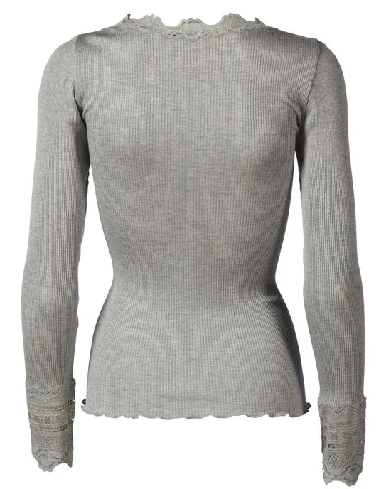 Silk Top Long Sleeve Vintage Lace Light Grey