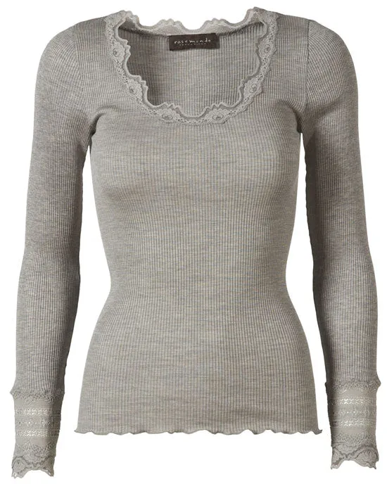 Silk Top Long Sleeve Vintage Lace Light Grey
