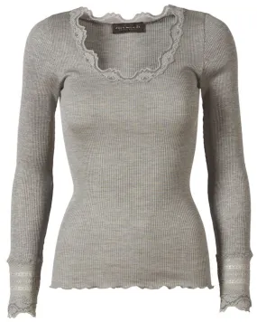 Silk Top Long Sleeve Vintage Lace Light Grey
