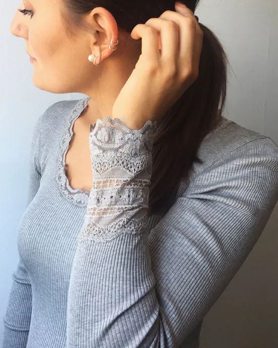 Silk Top Long Sleeve Vintage Lace Light Grey