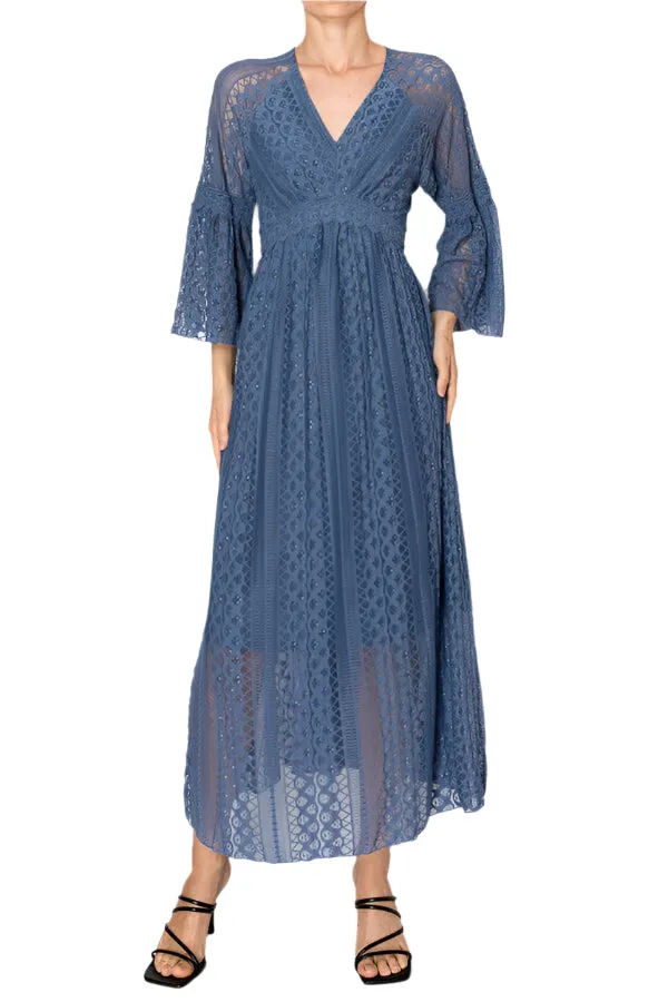 SLATE BLUE  LACE LINED LONG DRESS