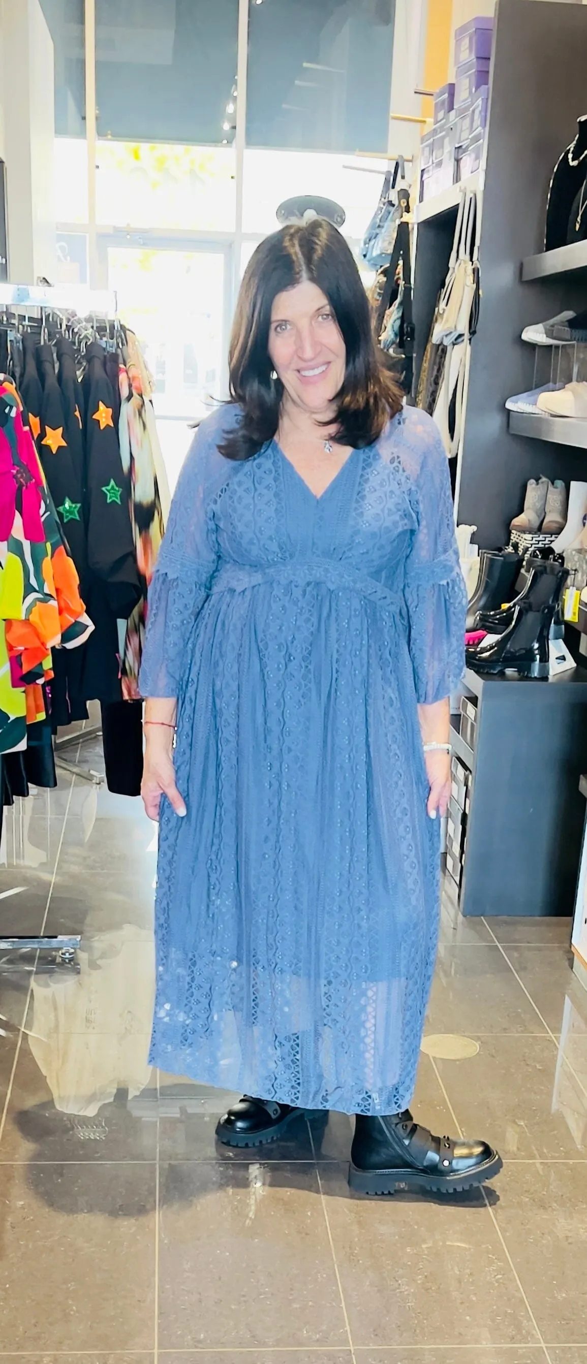 SLATE BLUE  LACE LINED LONG DRESS