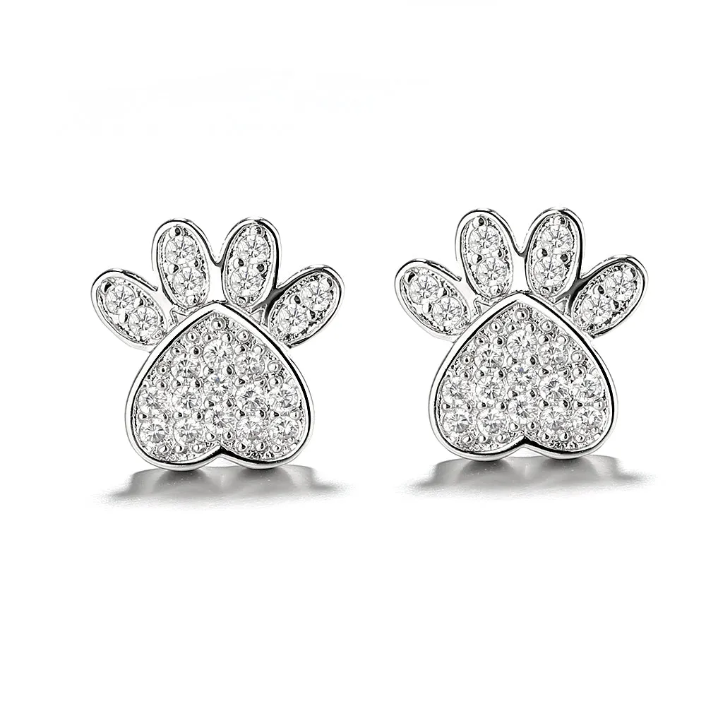 Sterling Silver Crystal Paw Stud Earrings