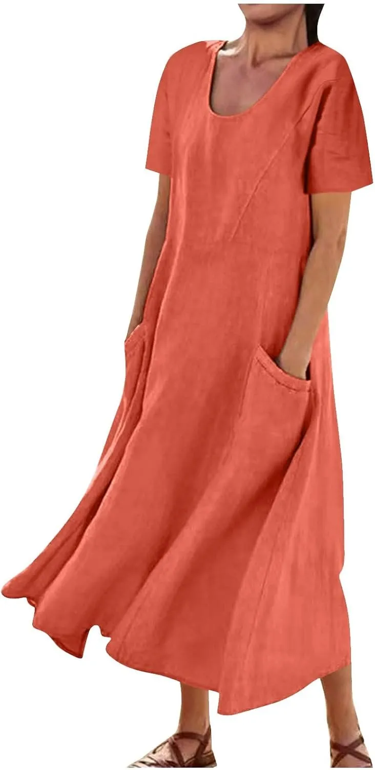 Summer Dresses for Women 2025 Vacation Trendy Short Sleeve Scoop Neck Cotton Linen Dress Loose Flowy Beach Sundress