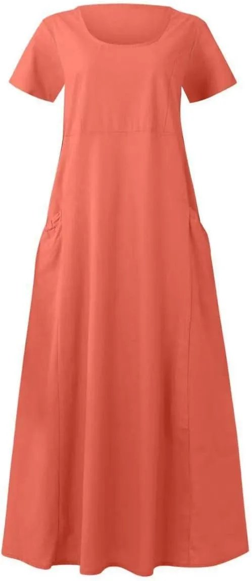 Summer Dresses for Women 2025 Vacation Trendy Short Sleeve Scoop Neck Cotton Linen Dress Loose Flowy Beach Sundress