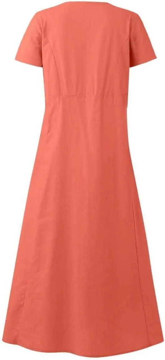 Summer Dresses for Women 2025 Vacation Trendy Short Sleeve Scoop Neck Cotton Linen Dress Loose Flowy Beach Sundress