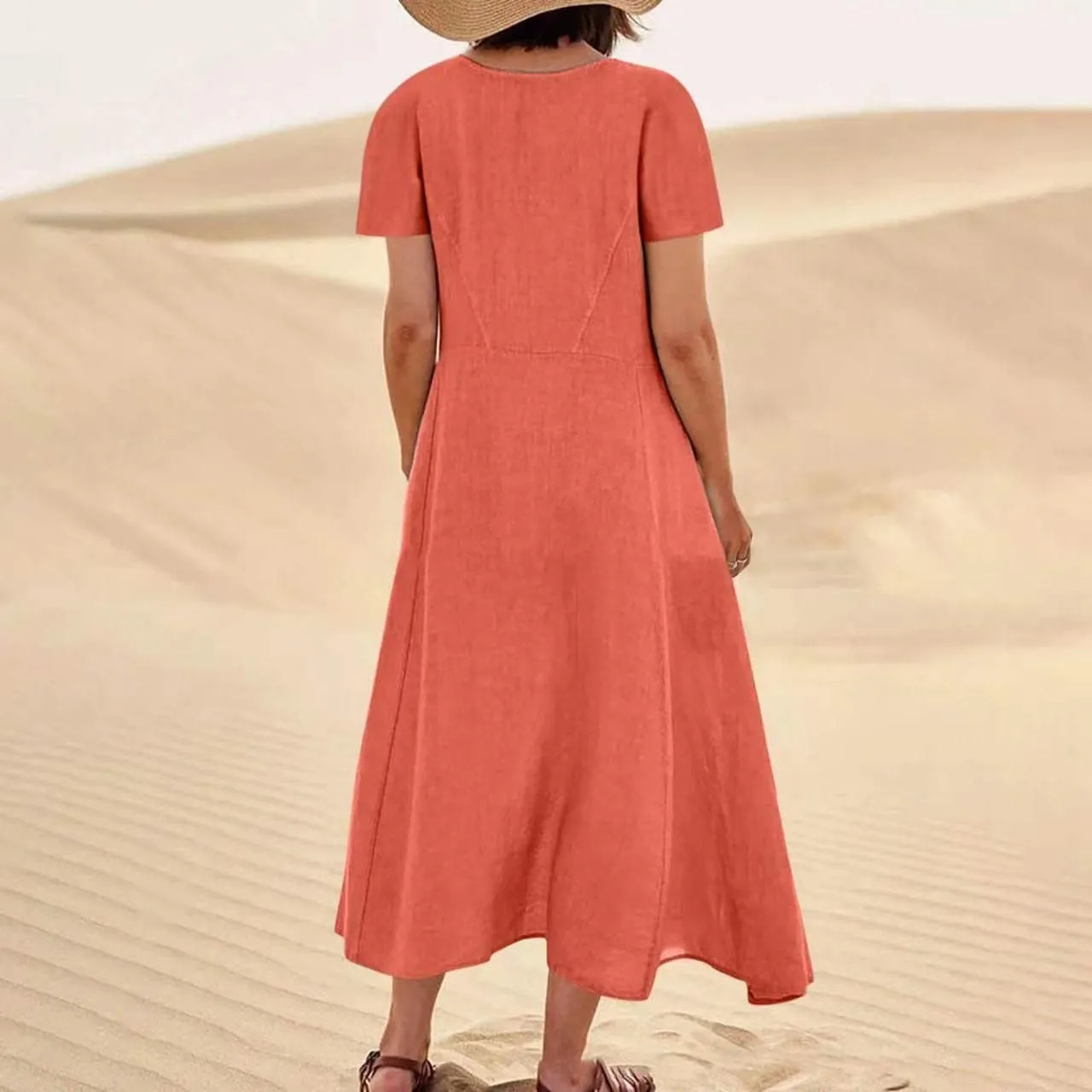 Summer Dresses for Women 2025 Vacation Trendy Short Sleeve Scoop Neck Cotton Linen Dress Loose Flowy Beach Sundress