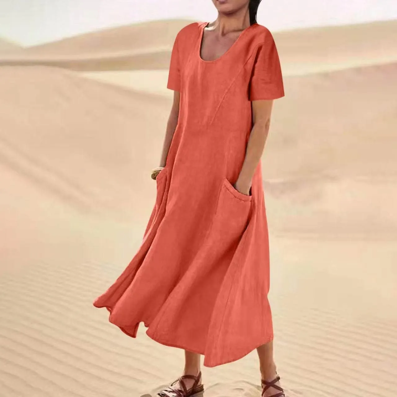 Summer Dresses for Women 2025 Vacation Trendy Short Sleeve Scoop Neck Cotton Linen Dress Loose Flowy Beach Sundress