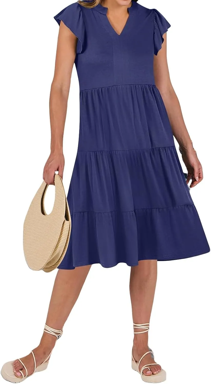 Summer Dresses for Women Ruffle Sleeve V Neck Midi Dresses Casual Fit Flowy Tiered Boho Beach Sundress with Pocket
