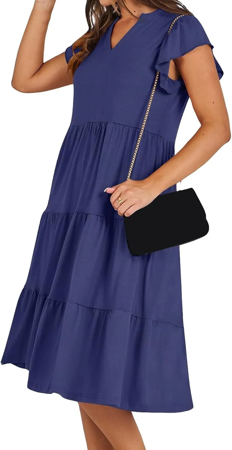 Summer Dresses for Women Ruffle Sleeve V Neck Midi Dresses Casual Fit Flowy Tiered Boho Beach Sundress with Pocket