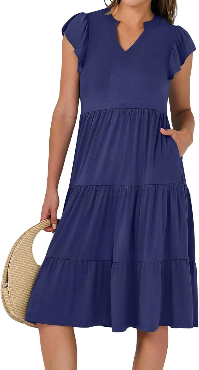 Summer Dresses for Women Ruffle Sleeve V Neck Midi Dresses Casual Fit Flowy Tiered Boho Beach Sundress with Pocket