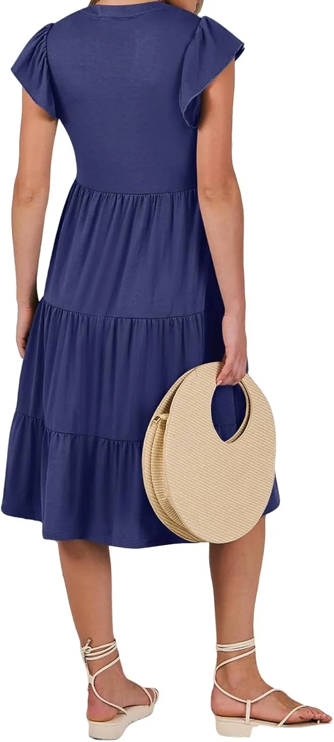 Summer Dresses for Women Ruffle Sleeve V Neck Midi Dresses Casual Fit Flowy Tiered Boho Beach Sundress with Pocket
