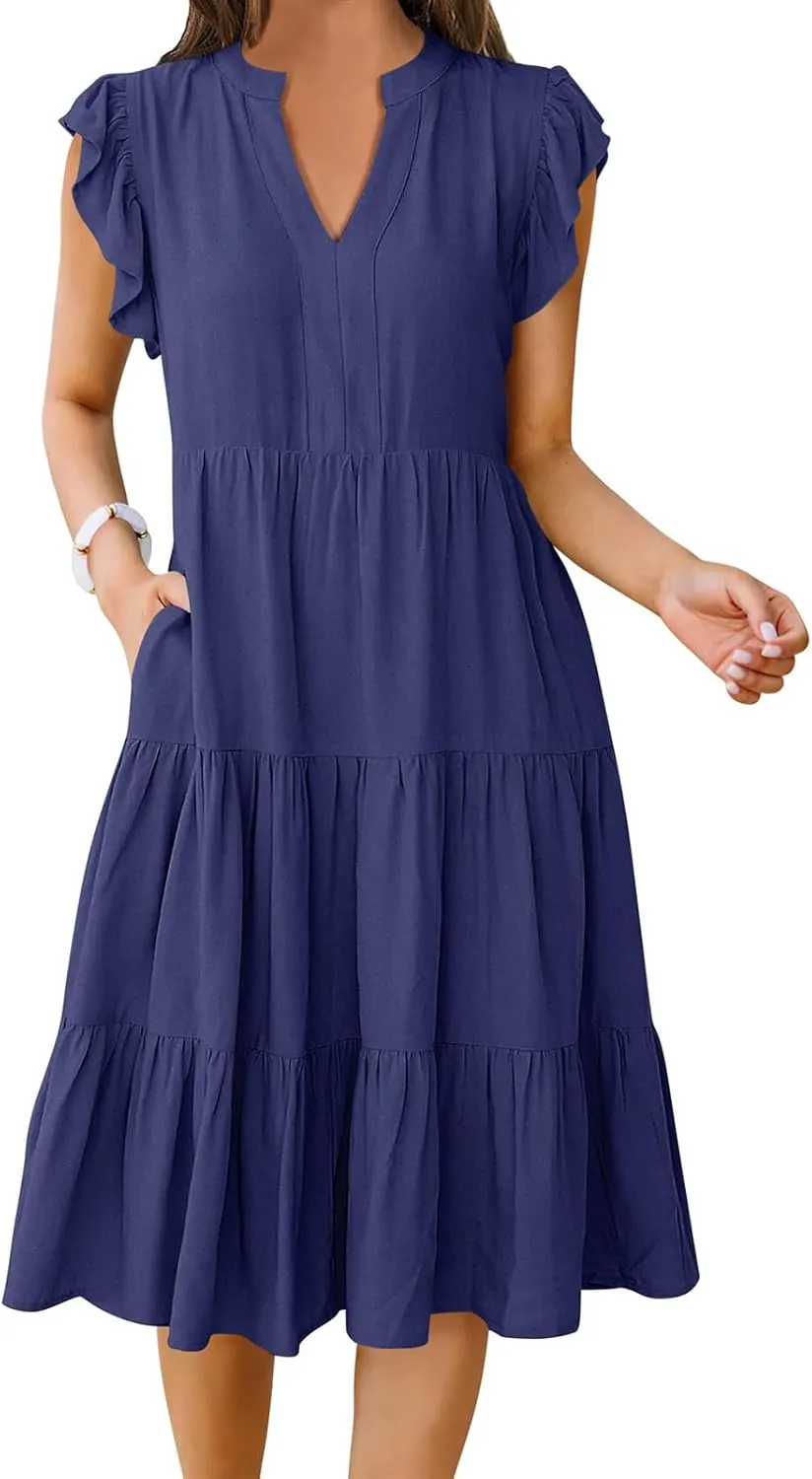 Summer Dresses for Women Ruffle Sleeve V Neck Midi Dresses Casual Fit Flowy Tiered Boho Beach Sundress with Pocket
