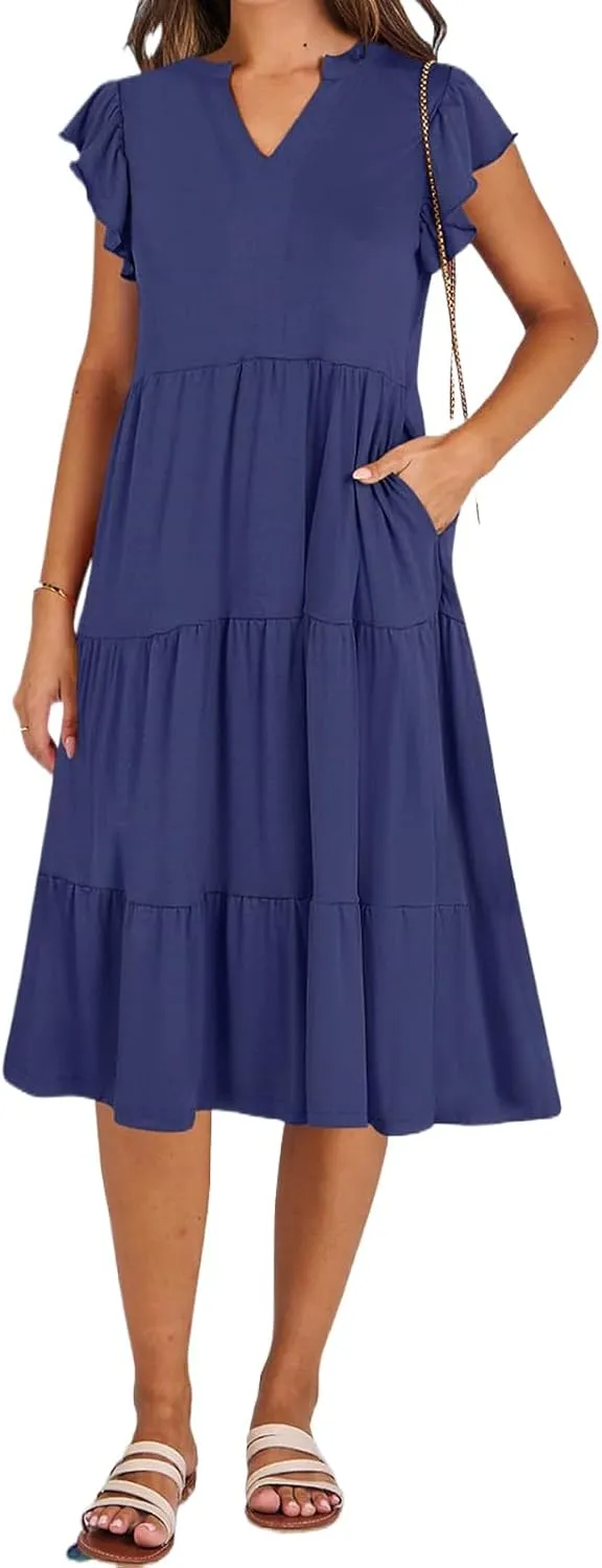 Summer Dresses for Women Ruffle Sleeve V Neck Midi Dresses Casual Fit Flowy Tiered Boho Beach Sundress with Pocket