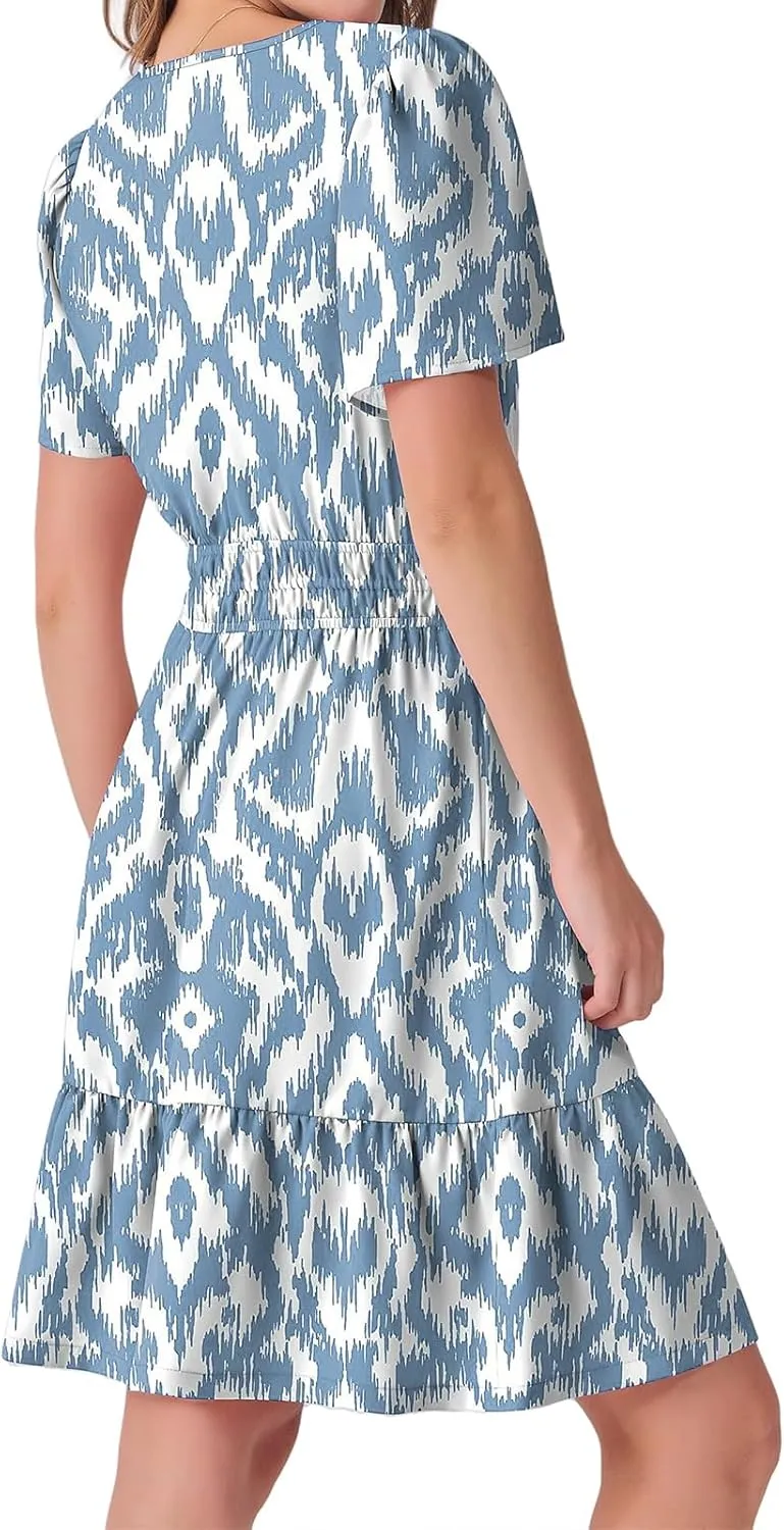 Summer Dresses for Women V Neck Short Sleeve Floral A-Line Dresses Smocked Waist Flowy Mini Dress Boho Beach Dress