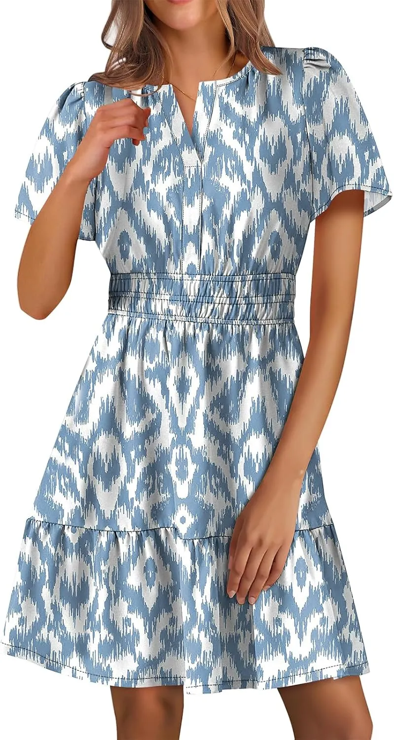 Summer Dresses for Women V Neck Short Sleeve Floral A-Line Dresses Smocked Waist Flowy Mini Dress Boho Beach Dress
