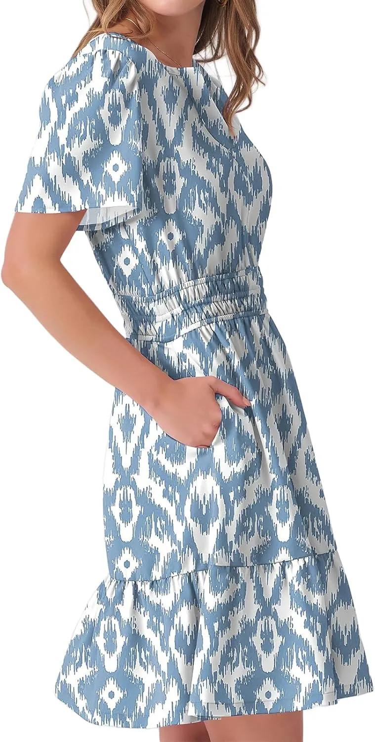 Summer Dresses for Women V Neck Short Sleeve Floral A-Line Dresses Smocked Waist Flowy Mini Dress Boho Beach Dress