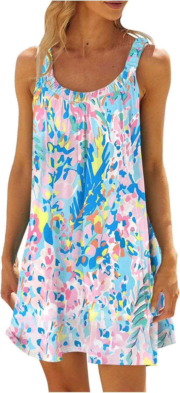 Summer Mini Dress for Women Beach Vacation Floral Dress Boho Flowy Sundress Sleeveless Hawaiian Cruise Dress