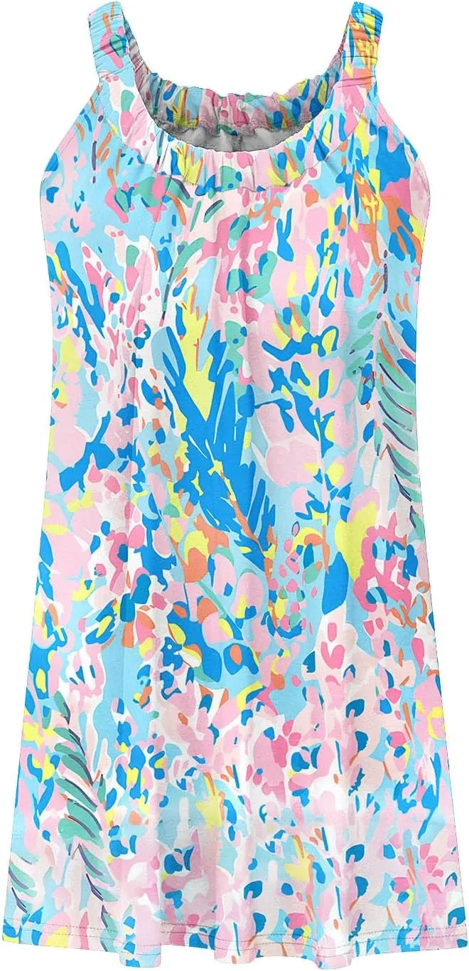 Summer Mini Dress for Women Beach Vacation Floral Dress Boho Flowy Sundress Sleeveless Hawaiian Cruise Dress