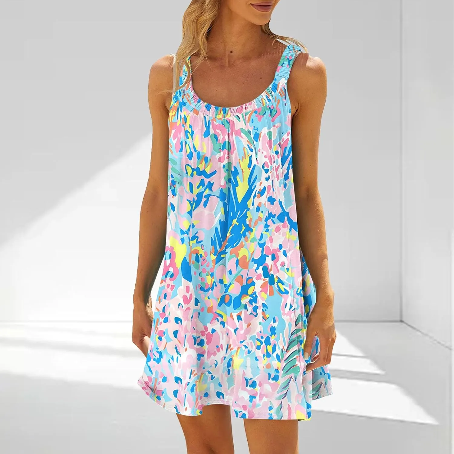 Summer Mini Dress for Women Beach Vacation Floral Dress Boho Flowy Sundress Sleeveless Hawaiian Cruise Dress