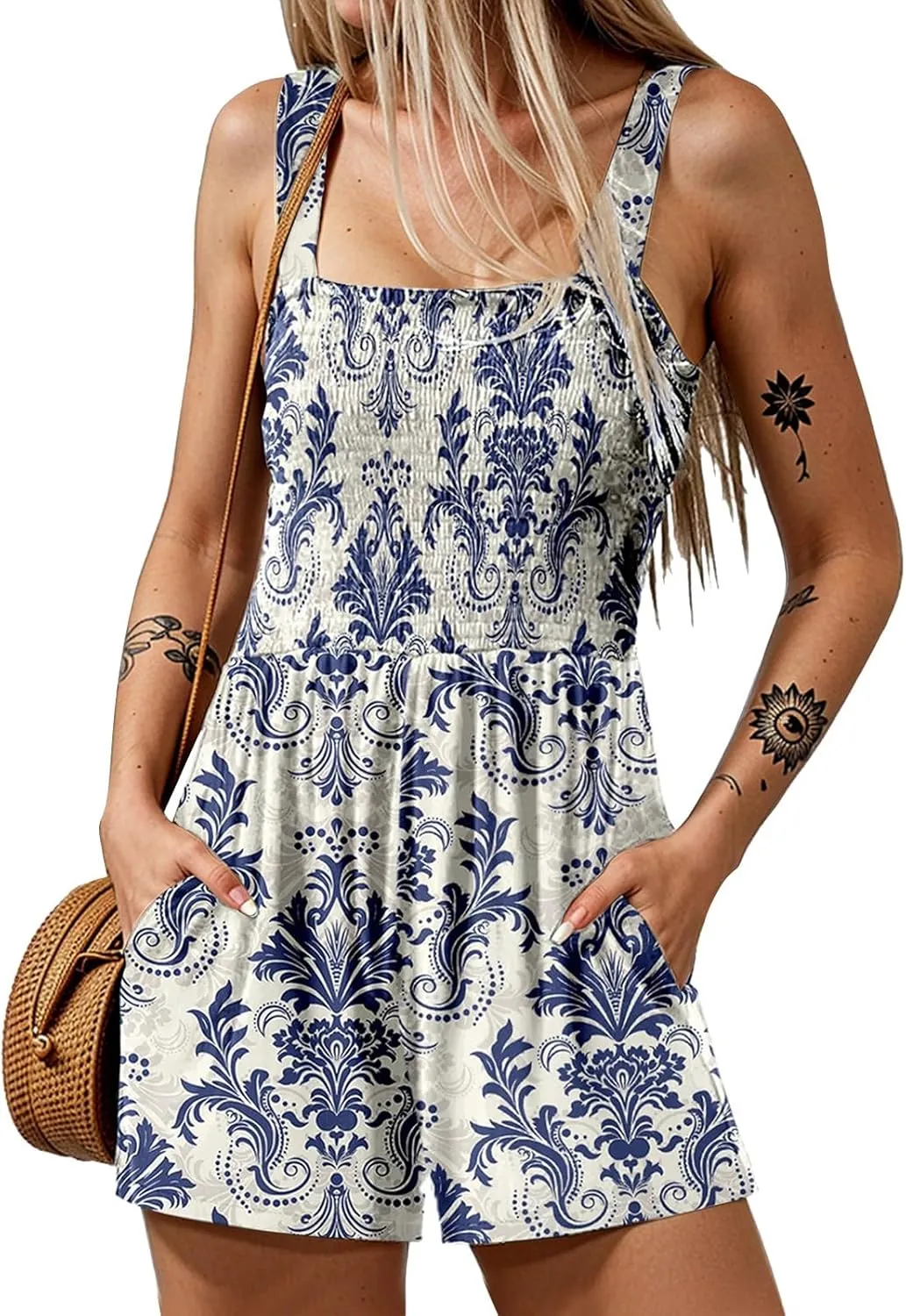 Summer Rompers for Women 2025 Casual Smocked Rompers Square Neck Sleeveless Loose Jumpsuits Sexy Beach Vacation Outfits