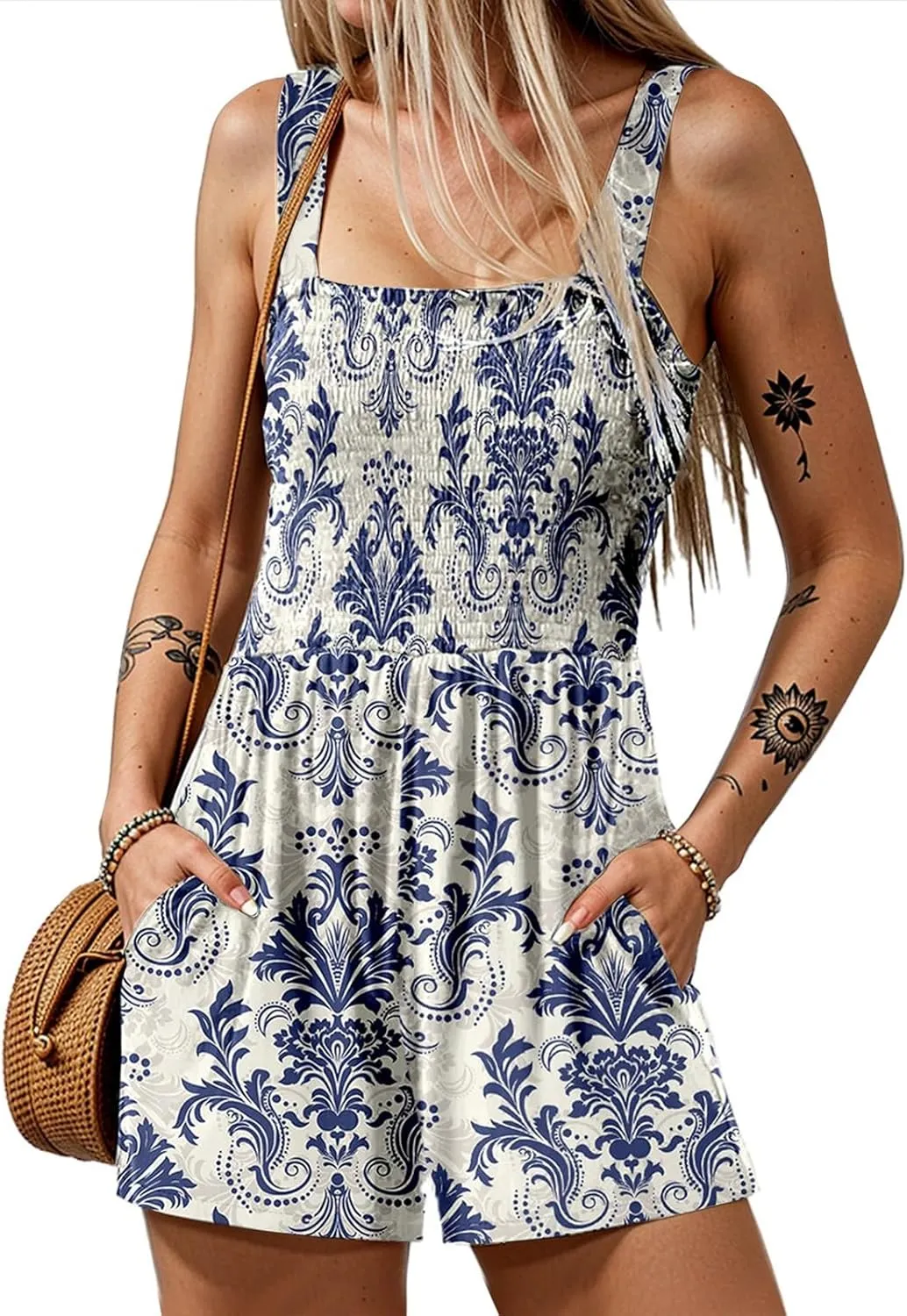 Summer Rompers for Women 2025 Casual Smocked Rompers Square Neck Sleeveless Loose Jumpsuits Sexy Beach Vacation Outfits