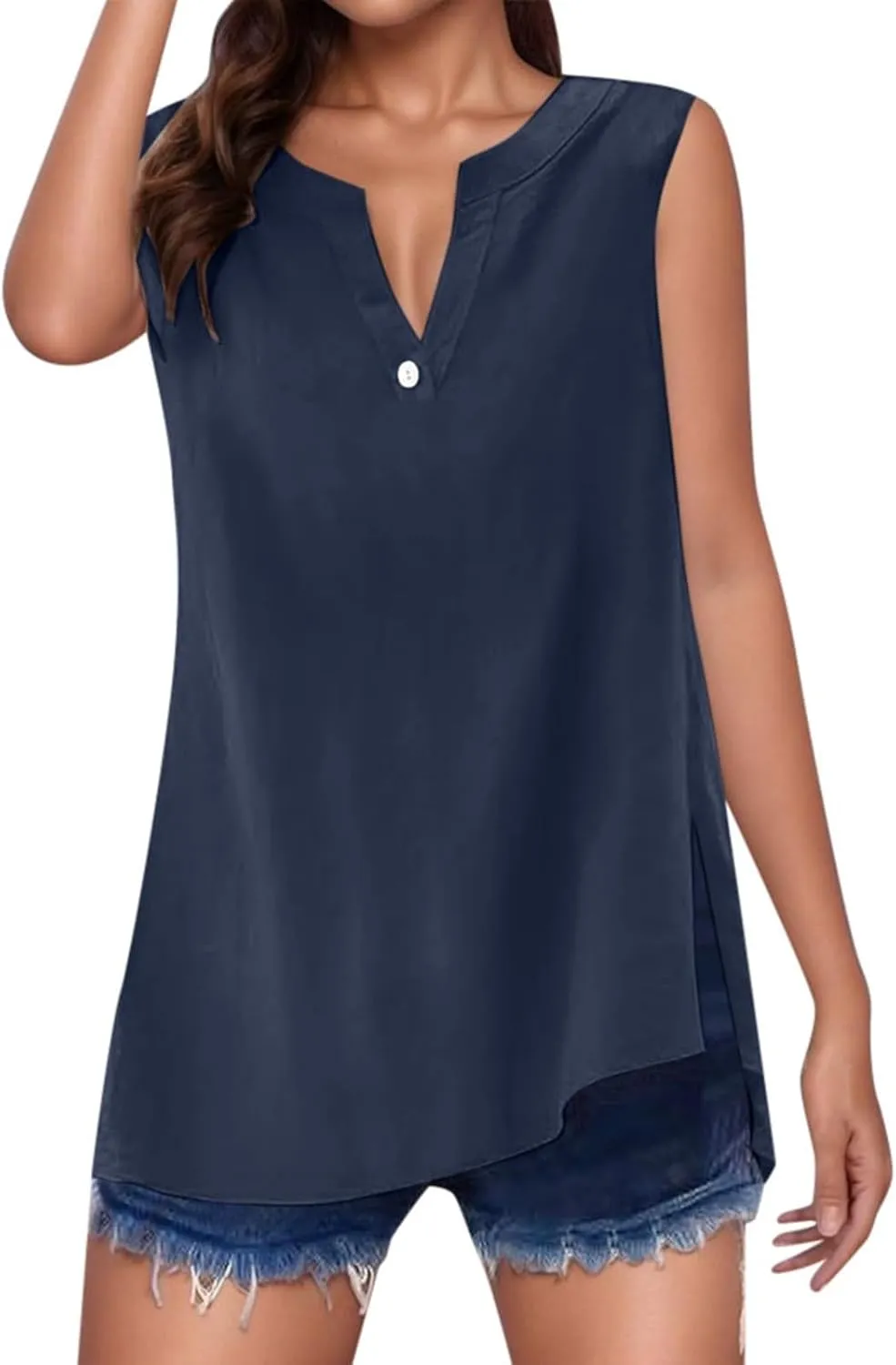 Summer Tops for Women 2025 Trendy Sleeveless Cotton Linen Tank Top Dressy Casual Button V Neck Tunic Blouses