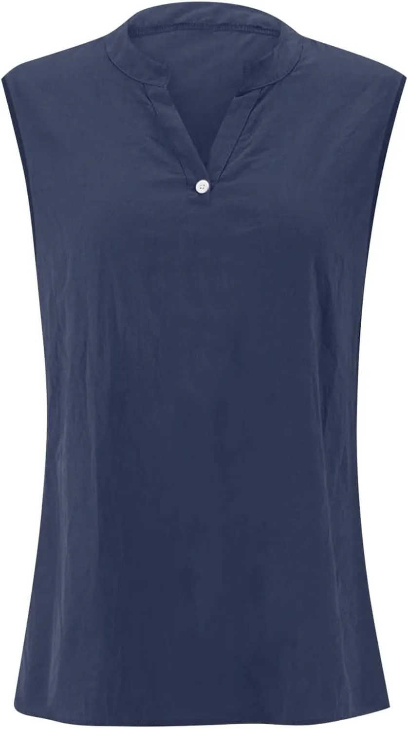 Summer Tops for Women 2025 Trendy Sleeveless Cotton Linen Tank Top Dressy Casual Button V Neck Tunic Blouses